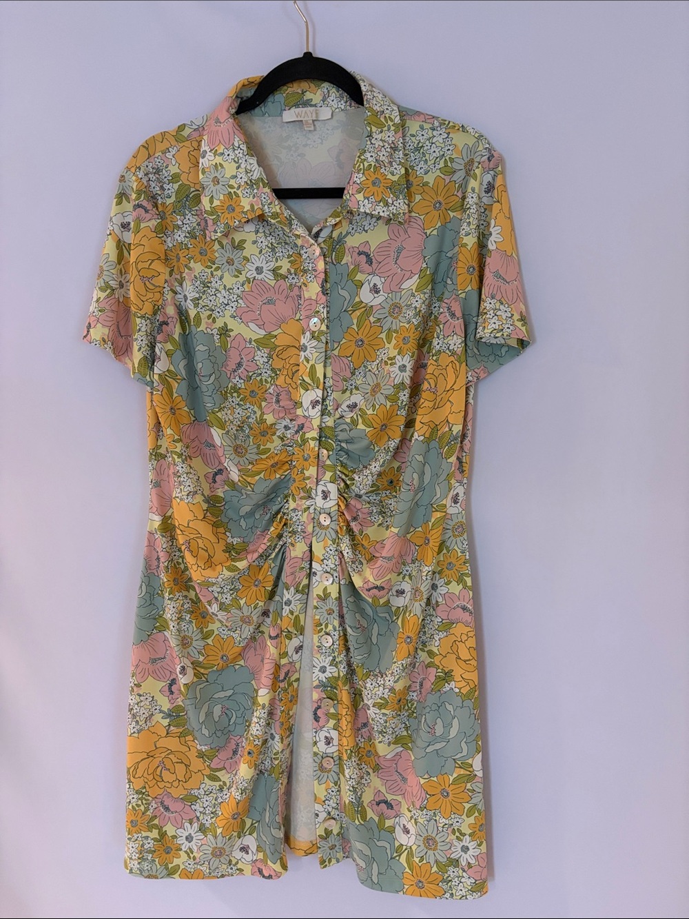 Wayf Vintage Floral Pattern Button Down Shirt Dress in Yellow, Pink & Sage -SzXL